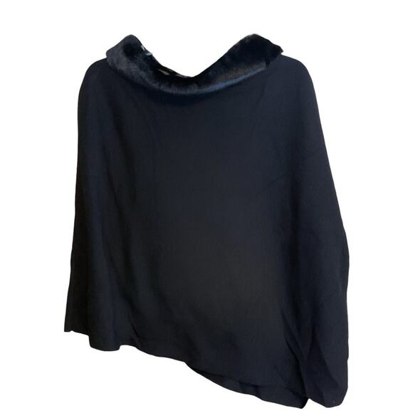 Talbots Black Faux Fur Trim Asymmetrical Hem Cape Poncho Women XS/S - Picture 4 of 12